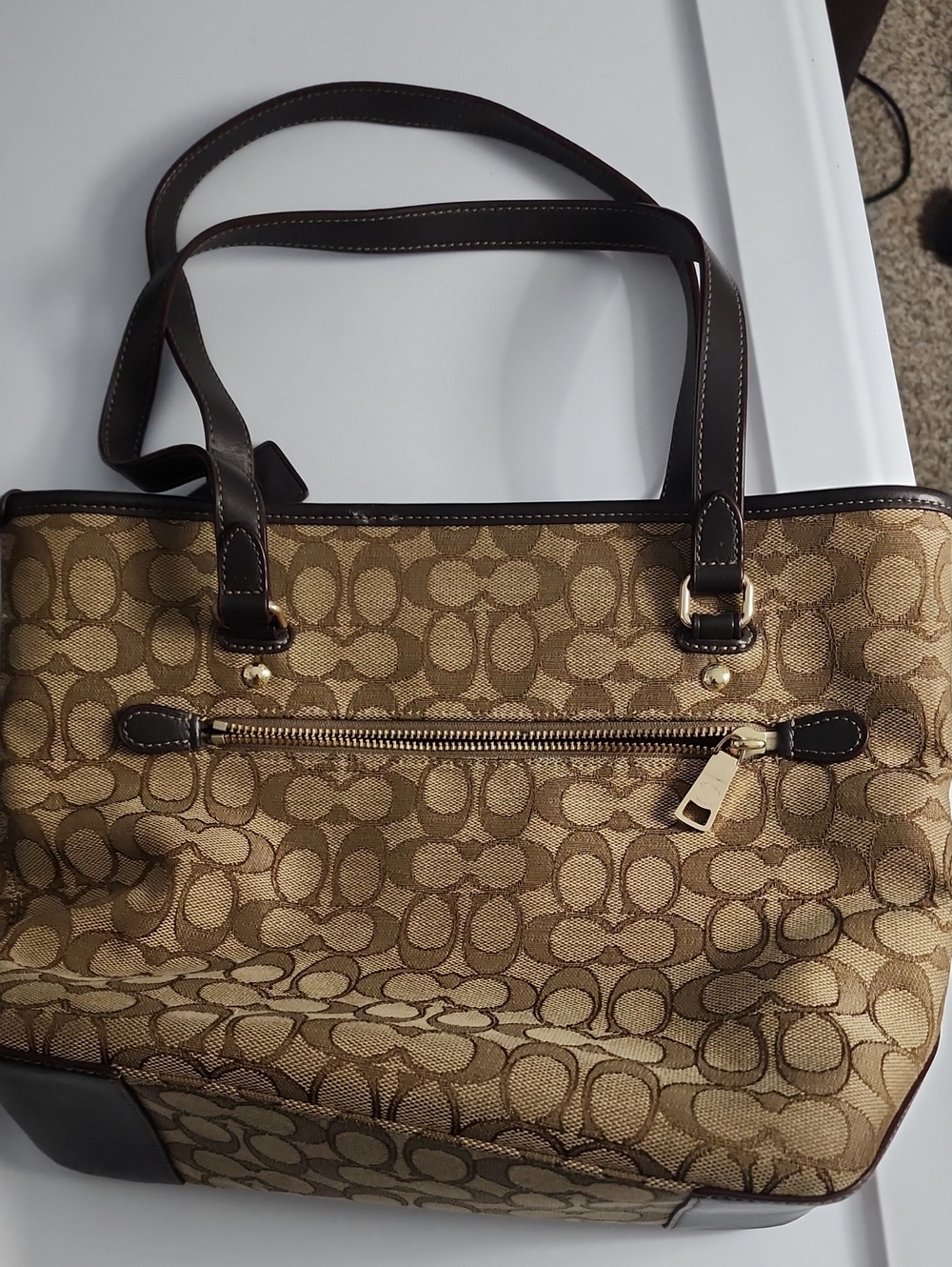 Coach Signature Canvas Shoulder Tote in Khaki and Dark Brown